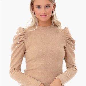 Tuckernuck sweater pearls puff sleeve tan brown Xs pomander place